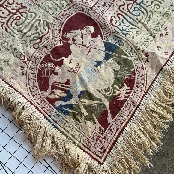 Vintage Woven Tapestry Throw / Wall Hanging – Warrior on Camel & Palm Trees– MCM